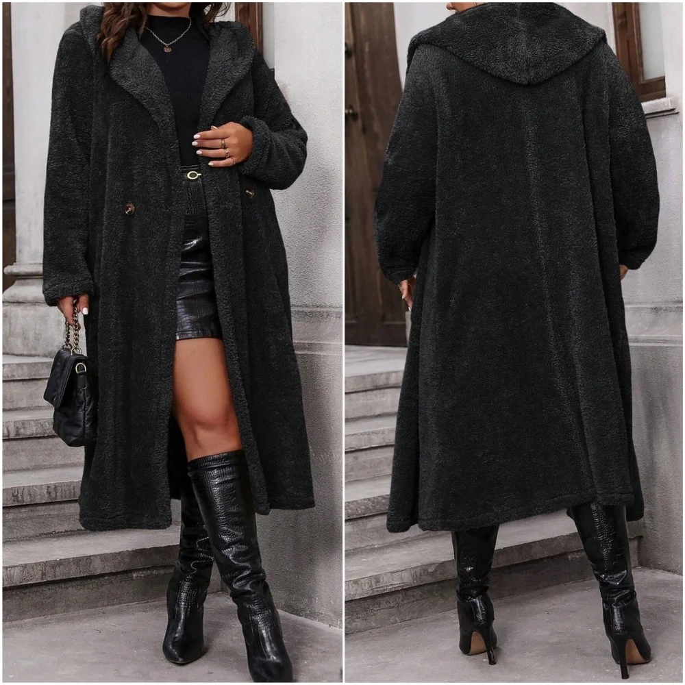 Plus Sherpa Teddy Button Hoodie Long Jacket Coat - Picture 5 of 5